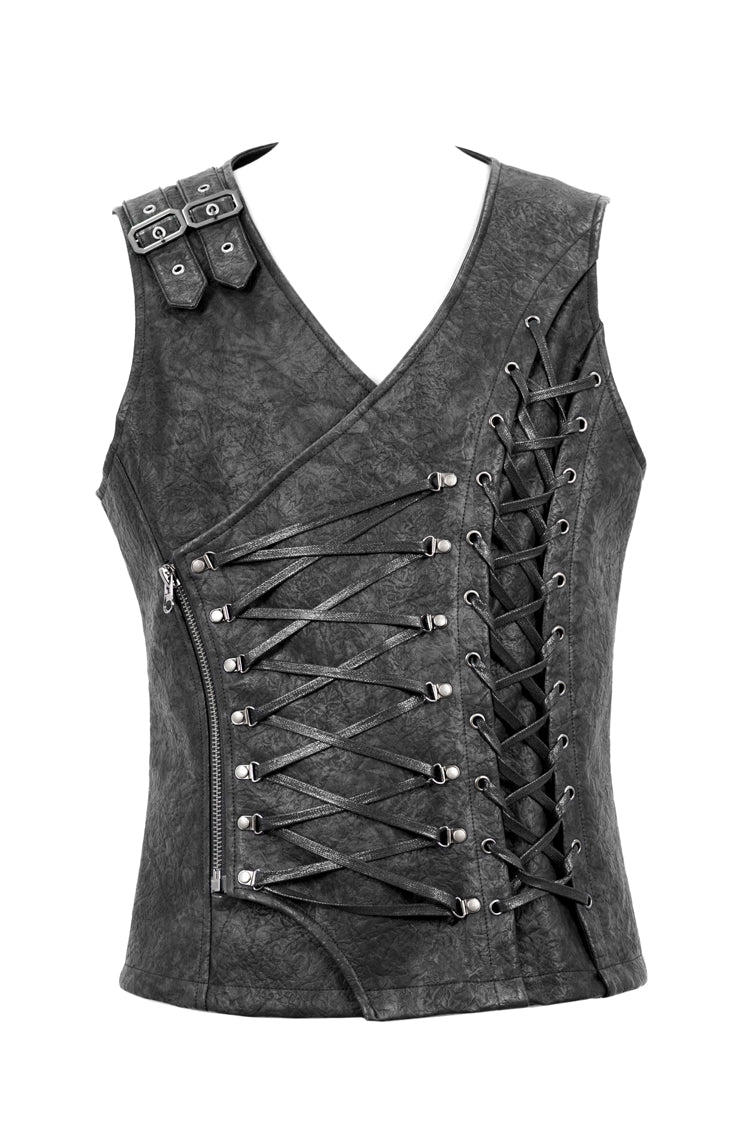 Gray V Neck Fog Flower Shoulder Loop Chest Lace Up Men's Punk Waistcoat - Product - 6