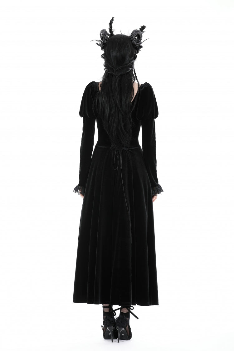 Black Round Collar Long Puff Sleeves Lace Lace-Up Hem High Low Women's Gothic Velvet Wedding Dress - Product - 4
