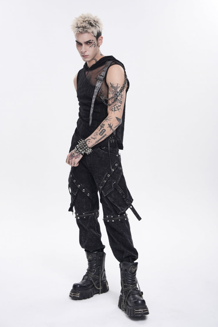 Black Hooded Sheer Asymmetric Chain-Decorated Men's Punk Hooded Vest - Product - 11