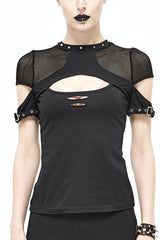 Black Sexy Short Sleeves Rock Mesh Stretchy Women Punk T-Shirt - Black - 1