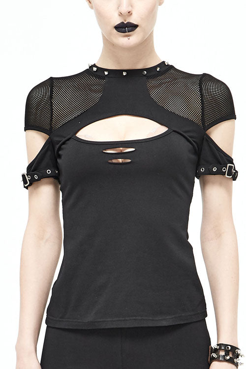 Black Sexy Short Sleeves Rock Mesh Stretchy Women Punk T-Shirt - Black - 1