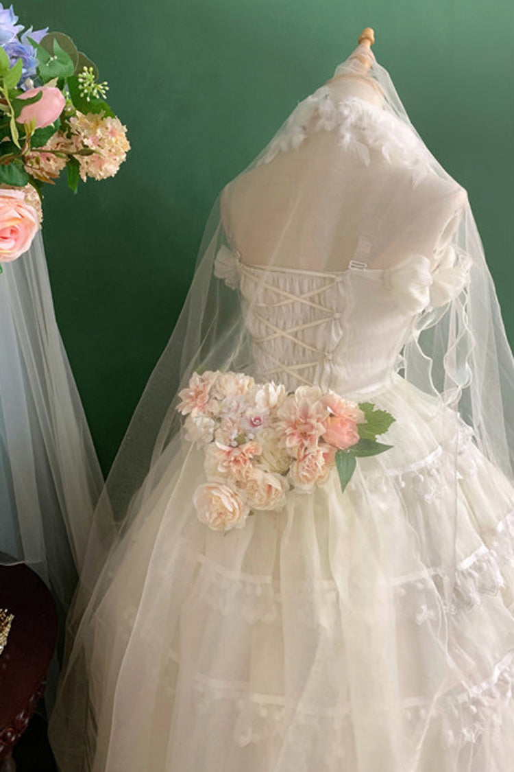 White Multi-Layered Ruffled Hanayome Bow Pearl-Decorated Sweet Lolita Jsk Dress Full Set 2 Versions - Product - 7