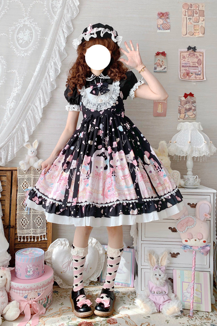 Black/Pink Cute Cat Print High Waisted Ruffle Bowknot Sweet Princess Lolita JSK Dress - Product - 2