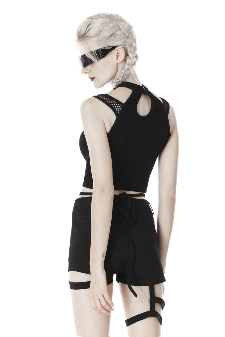 Black Halterneck Spliced Mesh Strappy Buckle Eyelet Harness Women's Punk Midriff-Baring Tank Top - Product - 4