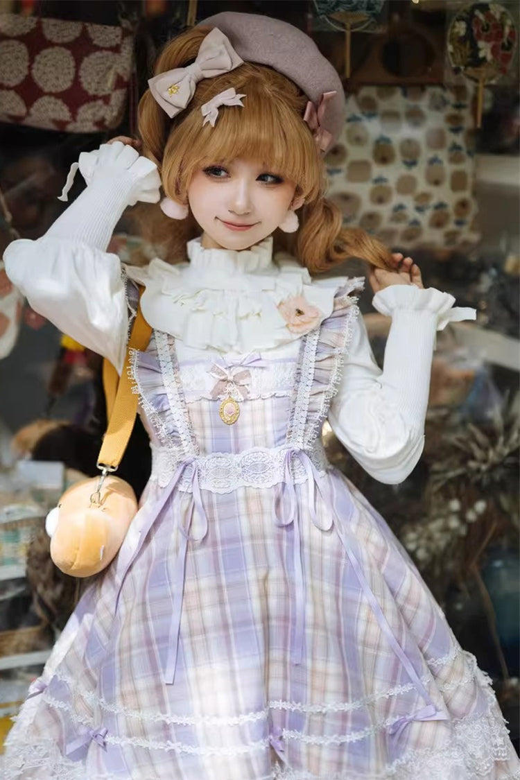 Pink/Purple [Endless Summer] High Waisted Printed Ruffled Bow Lace Sweet Princess Lolita Jsk Dress 2 Versions - Product - 7