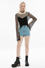 Black Stitching Skull Decorative Buckle Women's Punk T-Shirt - Product - 4