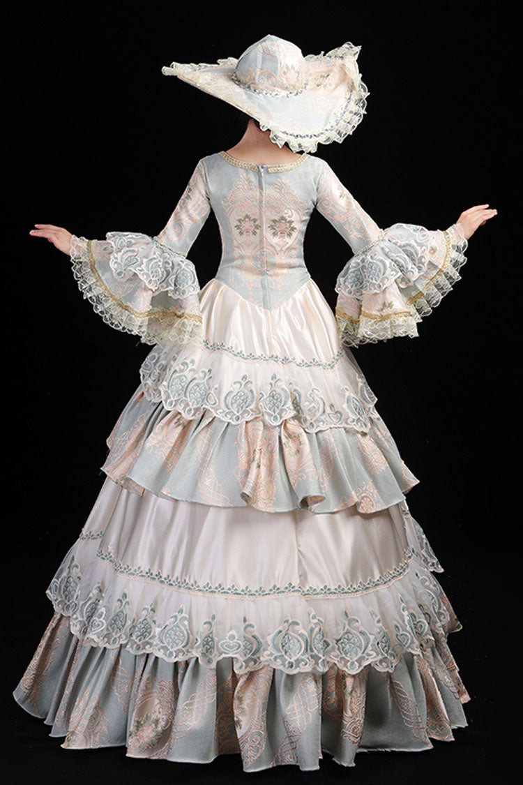 Light Blue Hime Sleeves High Waisted Round Collar Lace Stitching Hollow Embroidery Flower Print Victorian Lolita Prom Dress - Product - 5