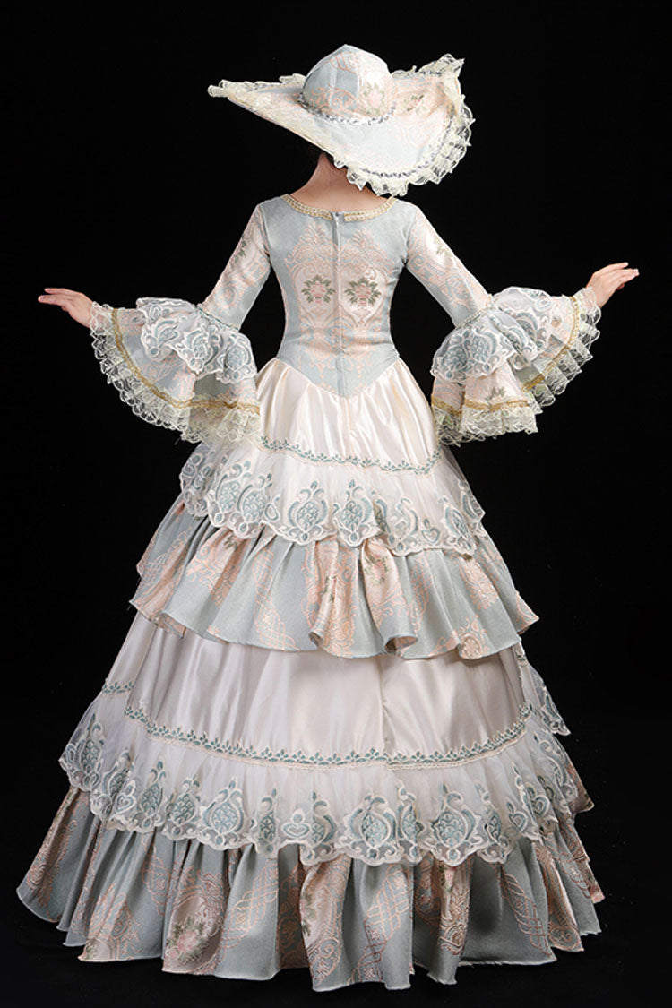 Light Blue Hime Sleeves High Waisted Round Collar Lace Stitching Hollow Embroidery Flower Print Victorian Lolita Prom Dress - Product - 5