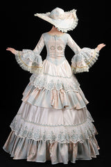 Light Blue Hime Sleeves High Waisted Round Collar Lace Stitching Hollow Embroidery Flower Print Victorian Lolita Prom Dress - Product - 5