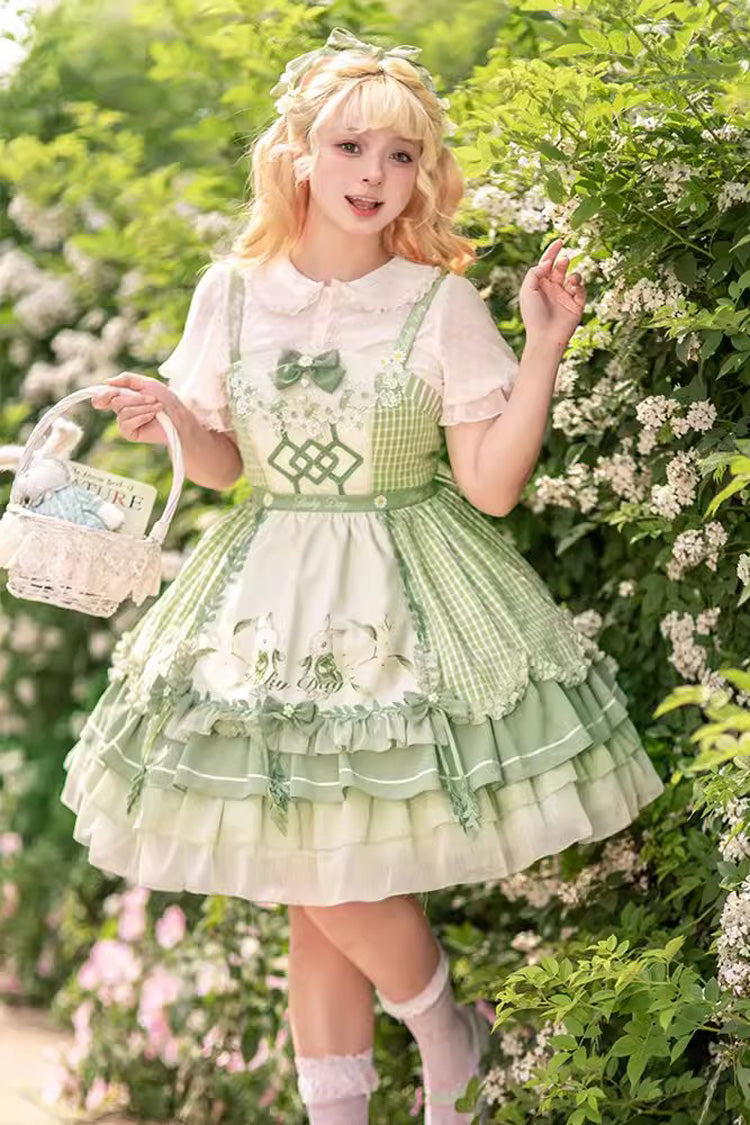 Green Multi-layer Print Ruffle Bowknot Country Style Sweet Lolita Jsk Dress (With Apron) - Product - 7