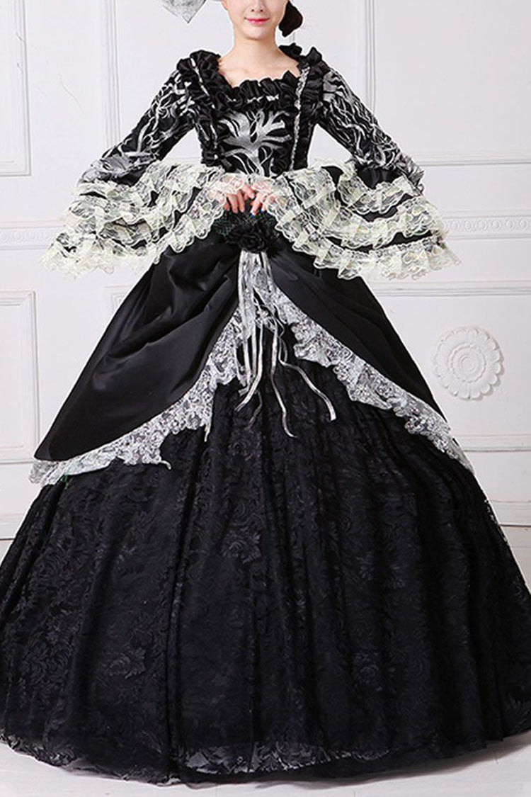 Black Multi-Layer Lace Stitching Trumpet Sleeves High Waisted Hollow Floral Embroidery Victorian Lolita Prom Dress - Black - 1