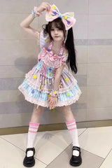 Blue/Pink Magical Girl Short Sleeves Ruffle Bowknot Stars Sweet Princess Lolita Dress - Product - 4
