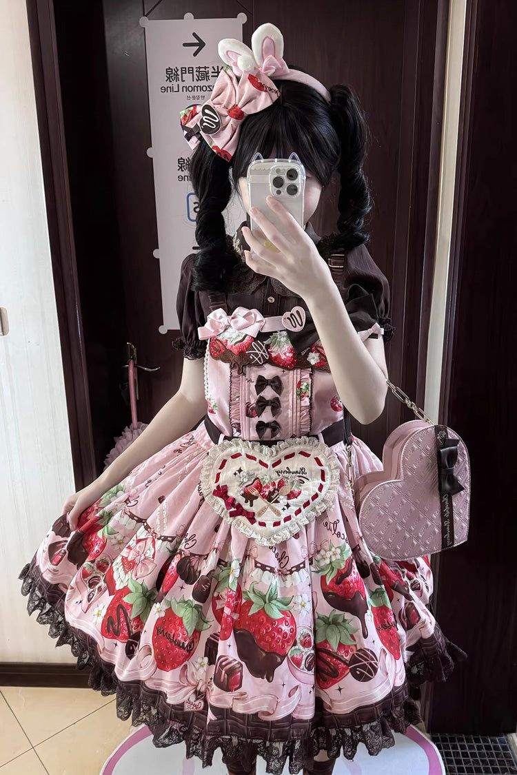 Pink [Strawberry Chocolate Lover] Sleeveless Printed Ruffled Embroidered Bow Lace Sweet Lolita Strap Dress - Product - 2