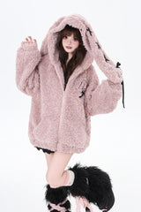 [Lace-Up Bunny Ears] Long Sleeves Hooded Plush-lined Zipper Sweet Lolita Coat 2 Colors - Pink - 1