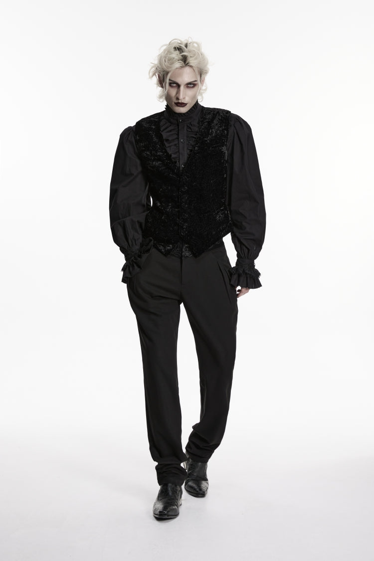 Black V Collar Printed Slim Buckled Men's Gothic Retro Velvet Vest - Product - 5