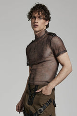 Stand Collar Short Sleeves Print Slim Mens Steampunk T-Shirt 2 Colors - Product - 3