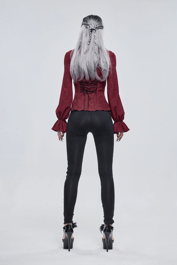 Red Lace High Neck Three Dimensional Embroidered Lantern Trumpet Sleeves Women's Gothic Shirt - Product - 6
