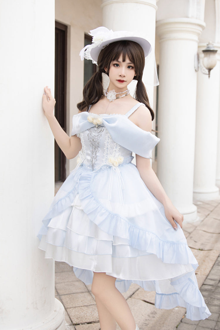 Light Blue [Rose Of The Night Sea And Starry Sky] Off Shoulder Multi-Layered Ruffle Embroidery Sweet Lolita Dress - Product - 2