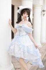 Light Blue [Rose Of The Night Sea And Starry Sky] Off Shoulder Multi-Layered Ruffle Embroidery Sweet Lolita Dress - Product - 2