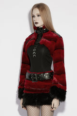 Red Stand Collar Long Sleeves Buckle Straps Faux Fur Women's Punk Short Cloak - Product - 2
