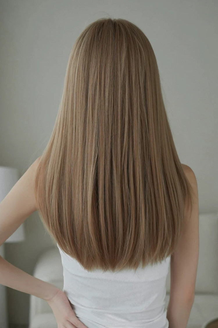 Korean Daily Sweet Style Flaxen Brown Long Layered Straight Lolita Wig with Airy Full Bangs - Product - 3
