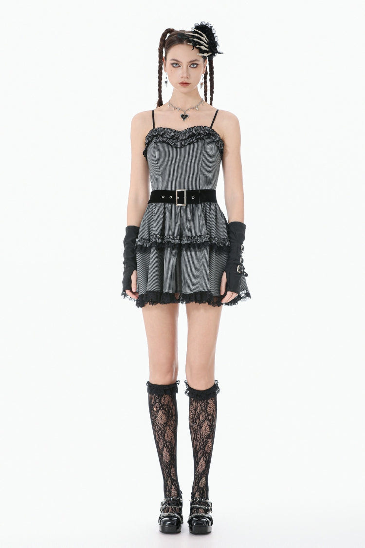 Black/Grey Pinstripe Sleeveless Multi-Layered Ruffled Women's Gothic Slip Mini Dress Graduation Dress - Product - 5