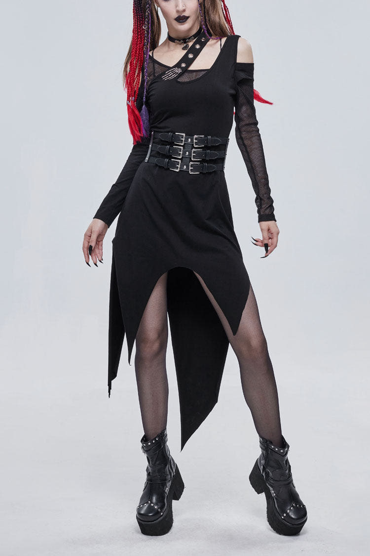 Black Asymmetric Distressed Design Metal Ghost Hand Buttonhole Decoration Women's Punk Dress - Black - 1