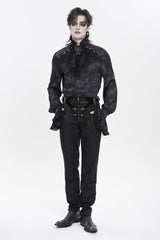Black Stand Collar Long Trumpet Sleeves Printed Bow Lace Pearl-Decorated Men's Gothic Gorgeous Shirt - Product - 6