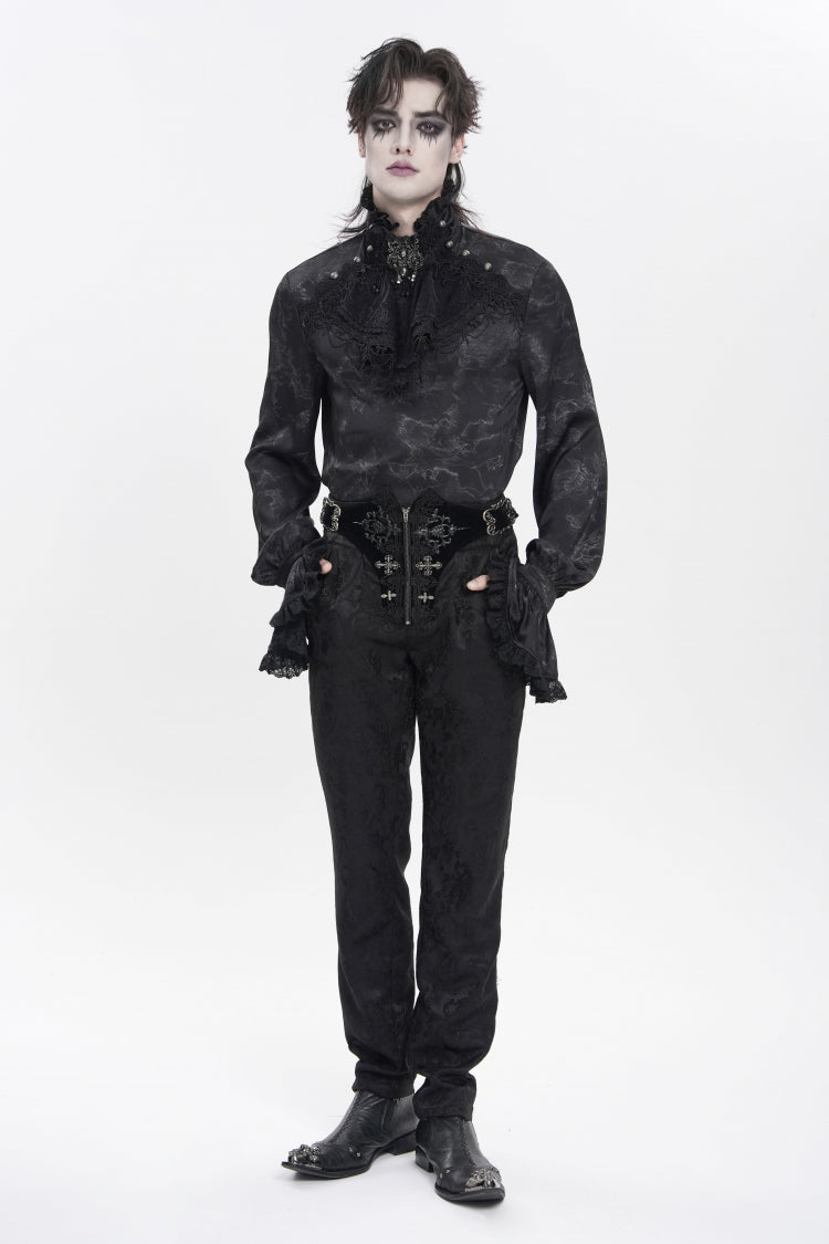 Black Stand Collar Long Trumpet Sleeves Printed Bow Lace Pearl-Decorated Men's Gothic Gorgeous Shirt - Product - 6