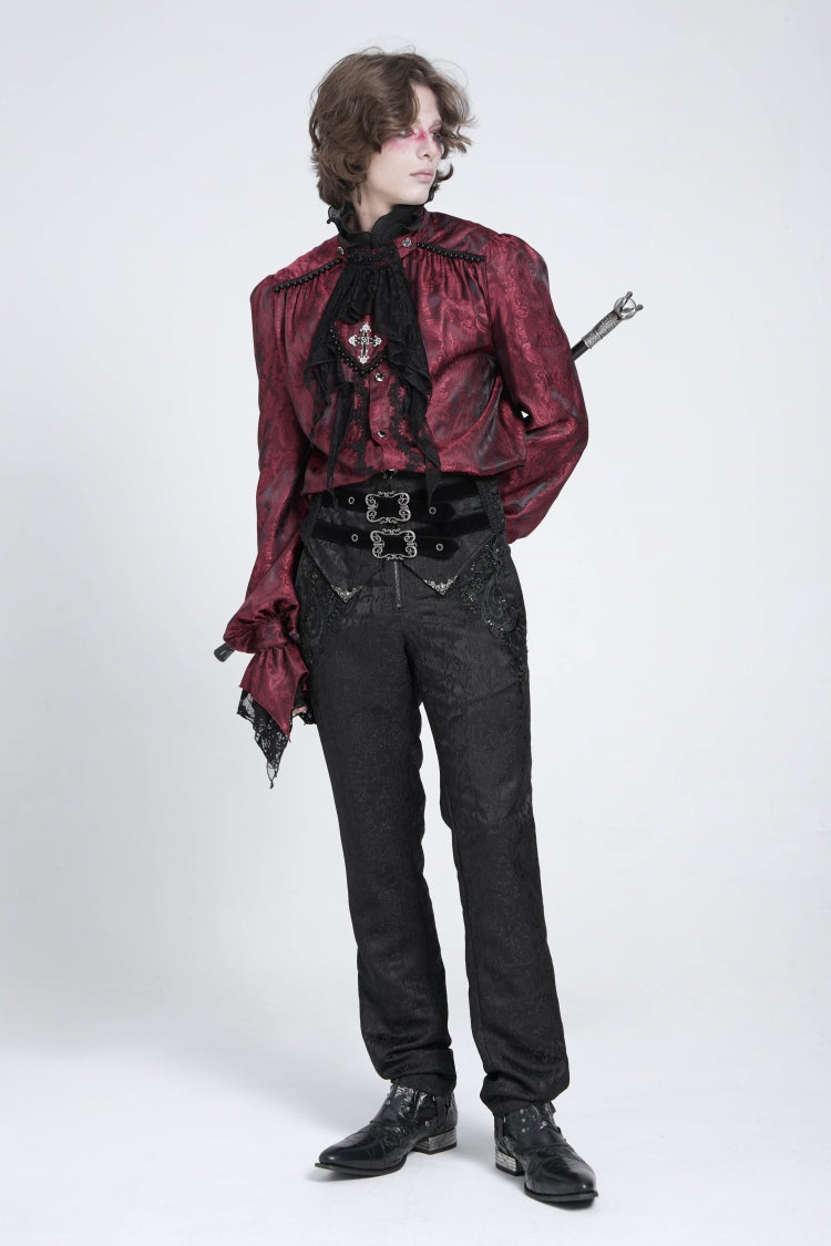 Black Double Buckles High Waisted Embroidery Men's Gothic Suit Pants - Product - 10