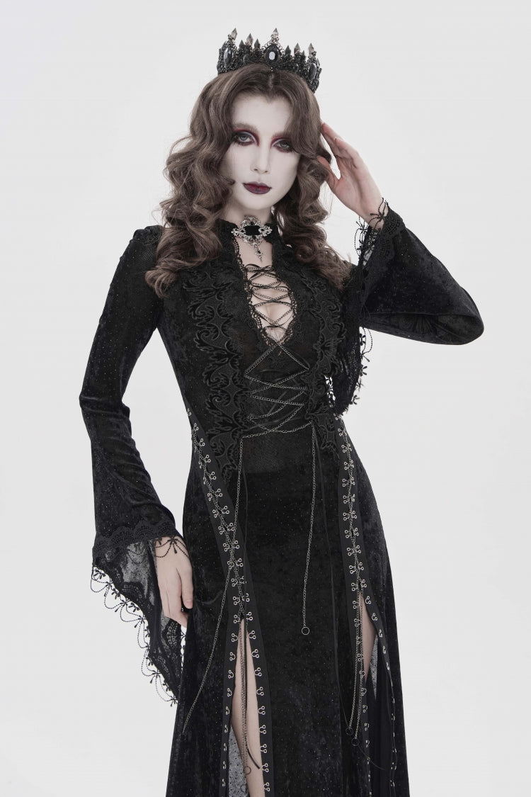 Black Halterneck Long Trumpet Sleeves Hanayome Lace Lace-Up Slim Chain-Decorated Women's Gothic Dress Plunging Split Maxi Dress - Product - 7