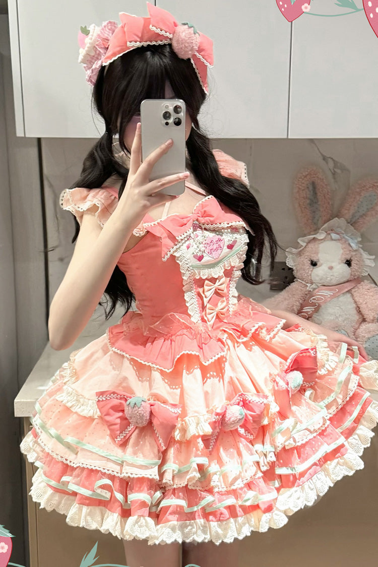 Pink Multi-Layered [Cream Strawberries] Print Ruffle Bowknot Sweet Lolita Tiered Dress - Product - 5