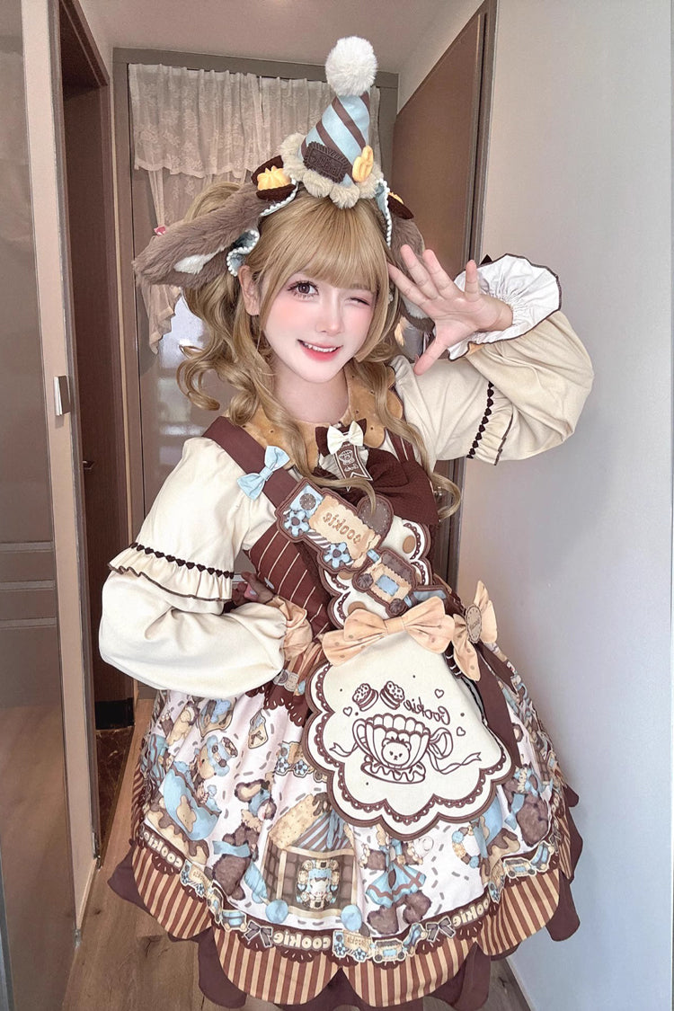 [Bear Cookie] Sleeveless Print Bowknot Sweet Lolita Jsk Dress Set 2 Colors - Product - 2