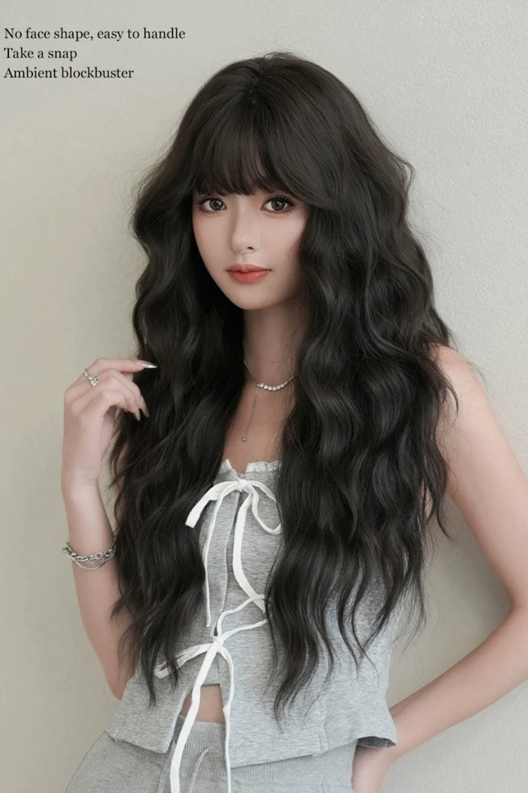Korean Fluffy Long Water Wave Sweet Lolita Wig with Thin Air Bangs 3 Colors - Product - 6