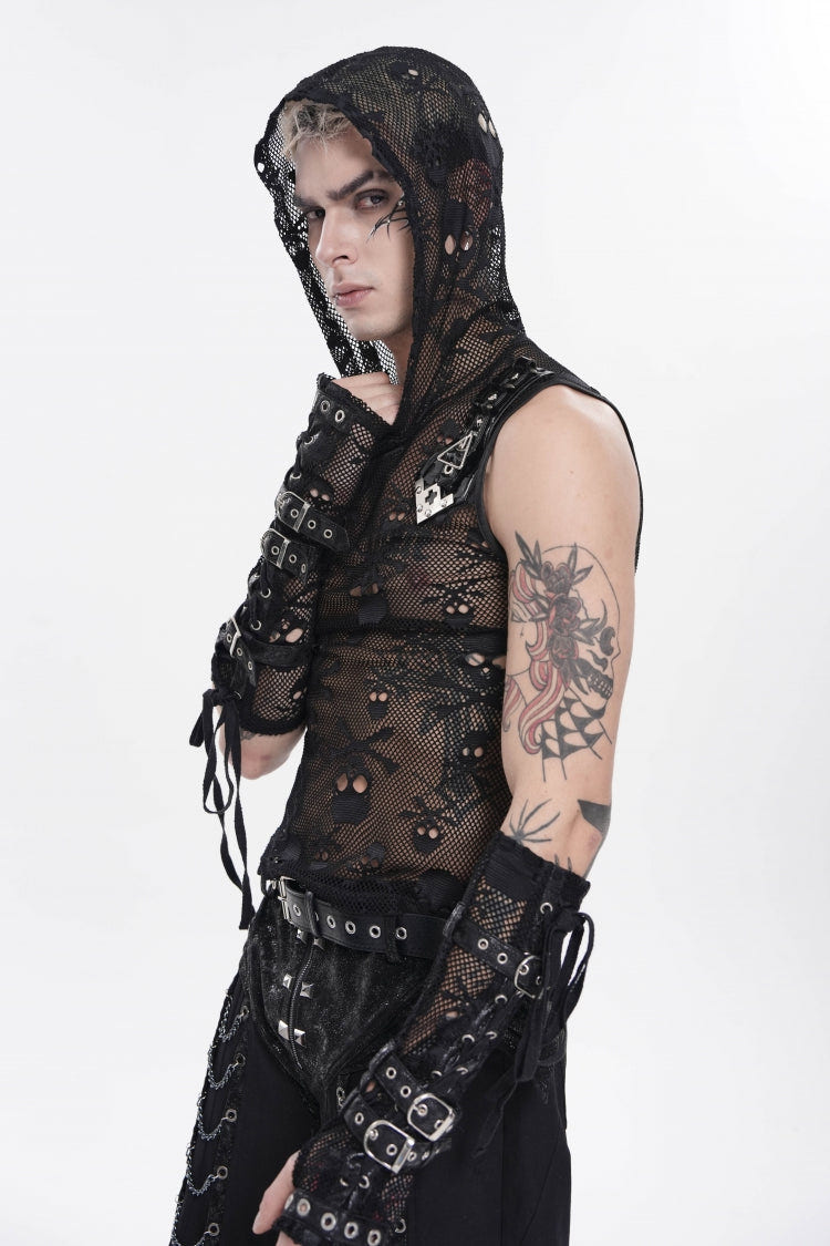 Black Sleeveless Slim  Skull Hooded Mesh Eyelet Men's Punk Cool Vest - Product - 10