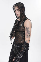 Black Sleeveless Slim  Skull Hooded Mesh Eyelet Men's Punk Cool Vest - Product - 10