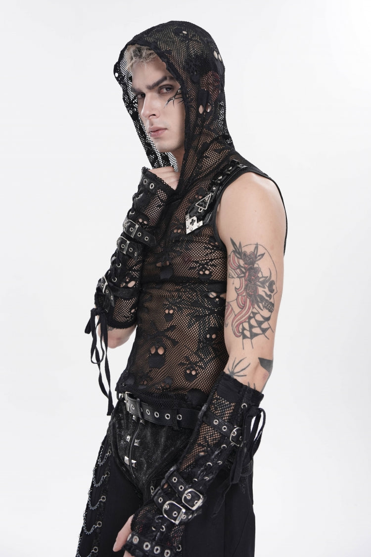 Black Sleeveless Slim  Skull Hooded Mesh Eyelet Men's Punk Cool Vest - Product - 10