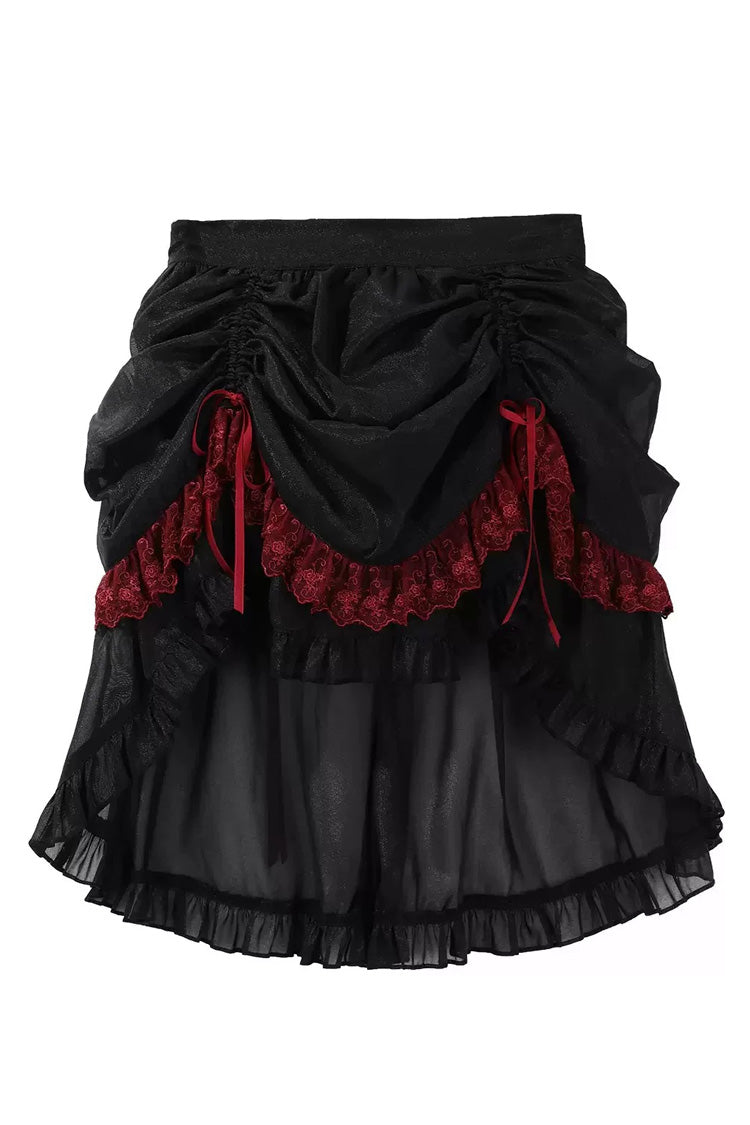Black/Red [Rotten Bone Flower] Sleeveless Ruffled Embroidered Lace-Up Gothic Lolita Skirt Dress Set - Short-Skirt(Only) - 16
