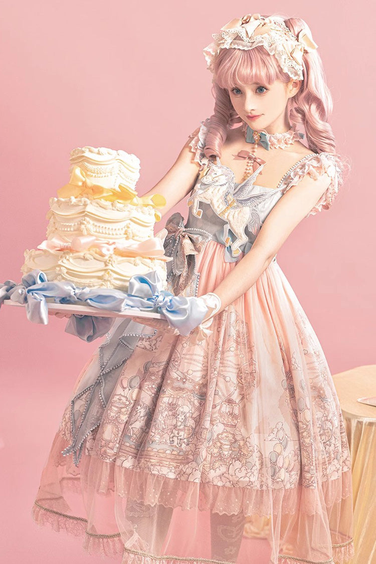 Pink [Cloud Paradise] Print Ruffle Embroidery Bowknot Lace Sweet Lolita Jsk Dress - Product - 2
