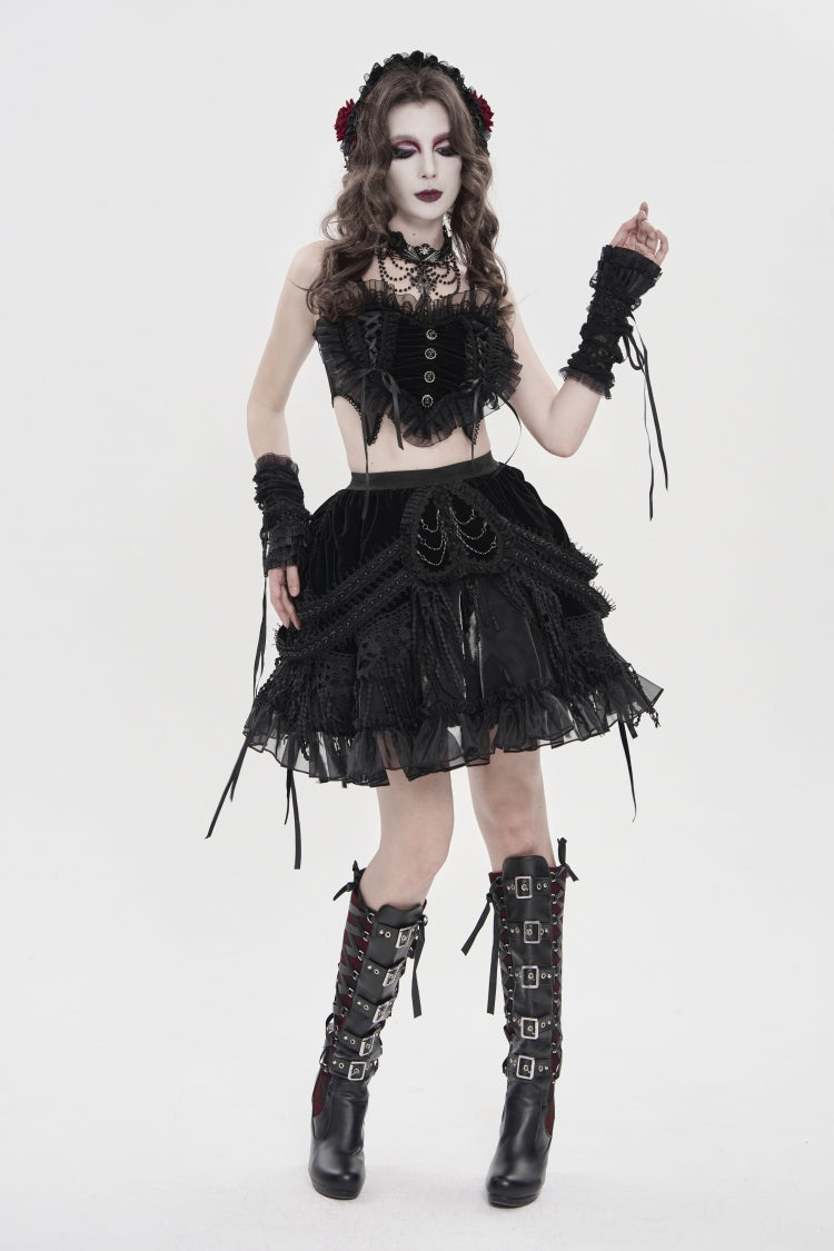 Black Off Shoulder Bow Lace Lace-Up Women's Gothic Ruffled Corset - Product - 4