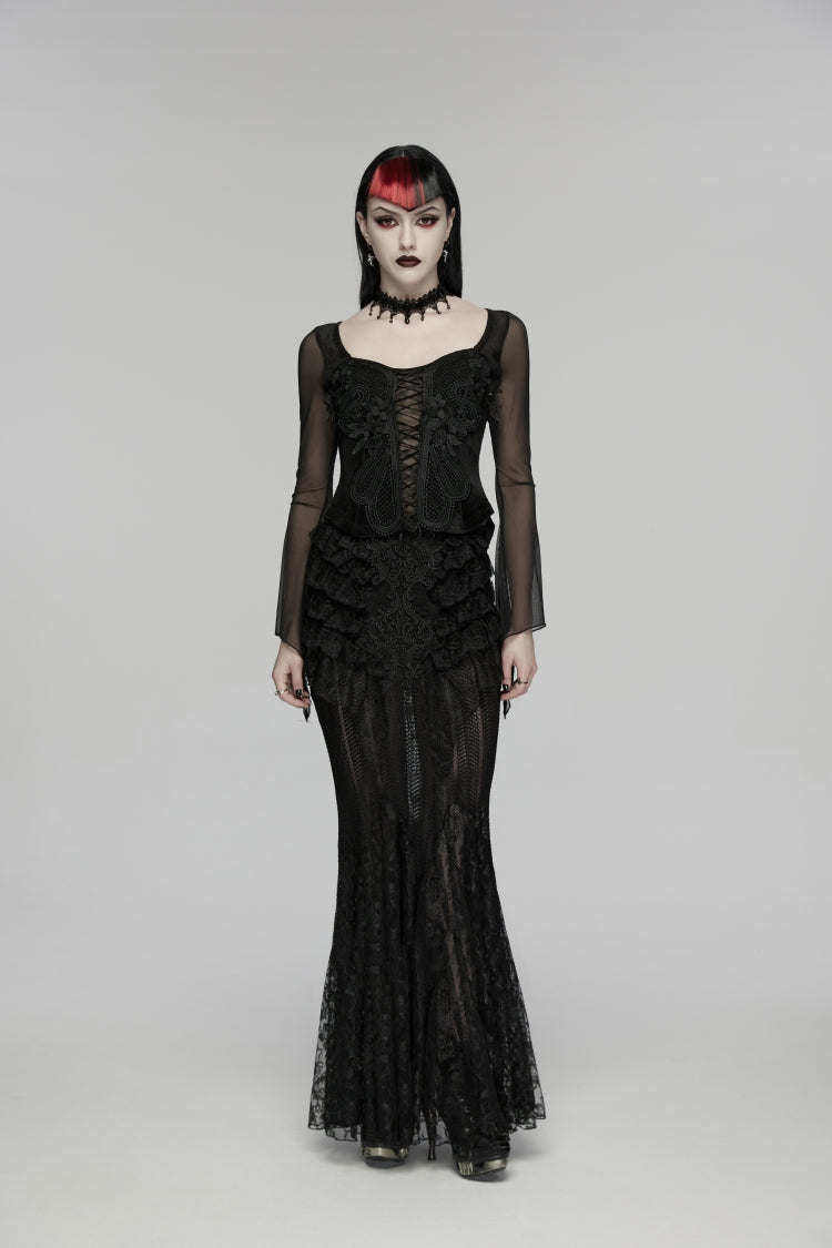 Black Embroidered Spliced Ruffled Lace Slim Mesh Women's Gothic  Mermaid Skirt - Product - 1