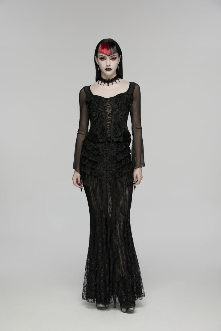 Black Embroidered Spliced Ruffled Lace Slim Mesh Women's Gothic  Mermaid Skirt - Product - 1