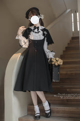 Black/White [Sunset Academy] Long Sleeves Ruffle Bowknot Fake Two Pieces Vintage College Style Elegant Lolita Dress - Product - 7