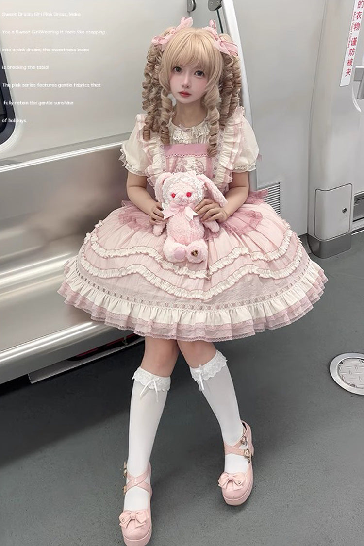 Pink Rabbit Print Sweet Dream Girl Ruffle Bowknot Stitching Lace Lolita JSK Dress - Product - 8