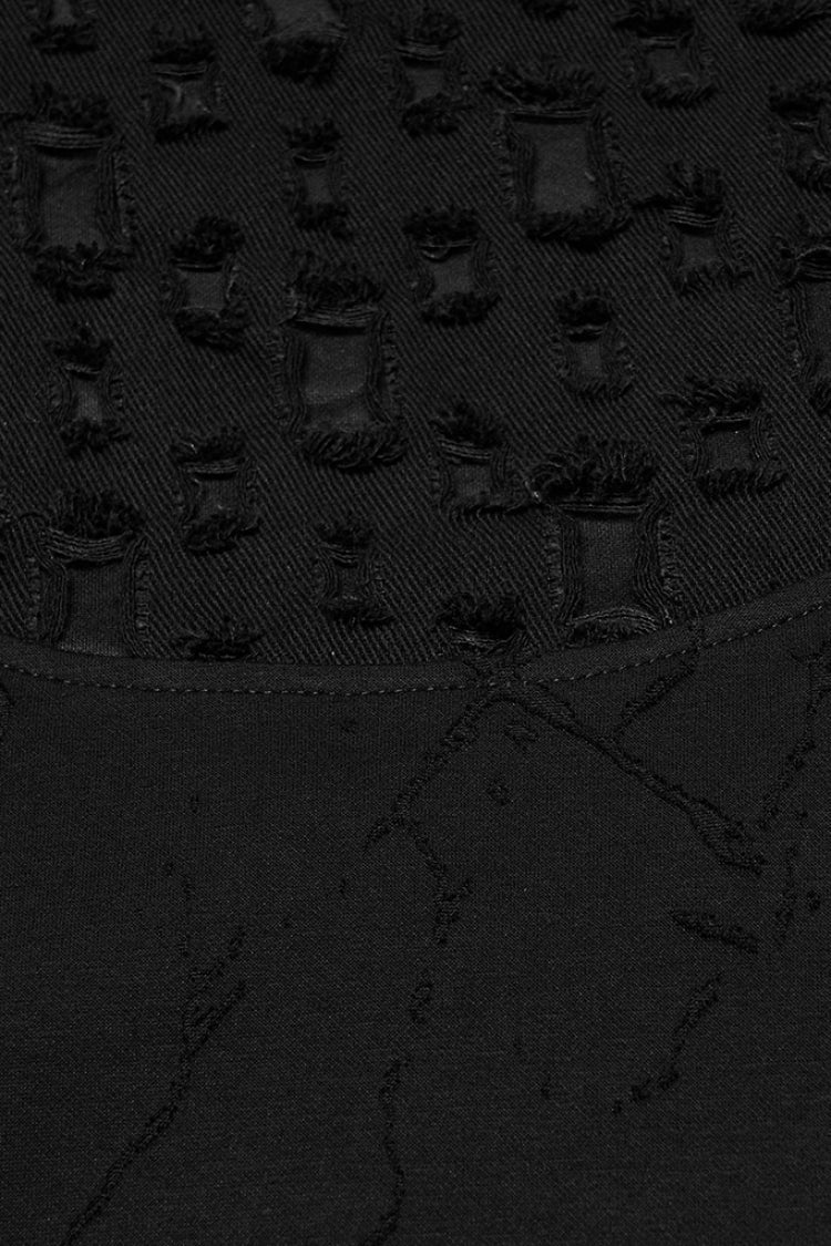 Black Stand Collar Long Sleeves Embroidered Ripped Studded Loose Men's Punk T-Shirt - Product - 6
