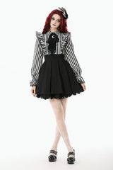 Black/White Striped Lapel Collar Long Sleeves Moon Lace Bow Ruffled Pleated Women's Gothic Dress - Product - 8