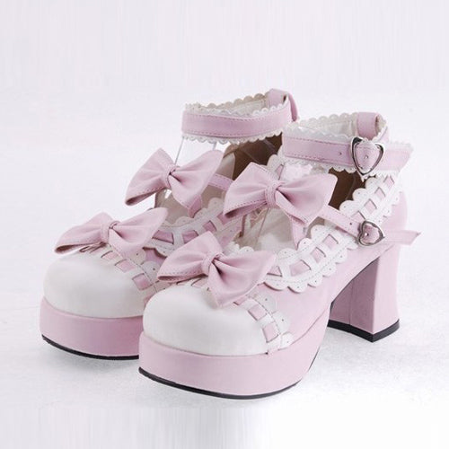 Pink Heel High Beautiful Synthetic Leather Round Straps Platform Sweet Lolita Shoes - Pink - 1