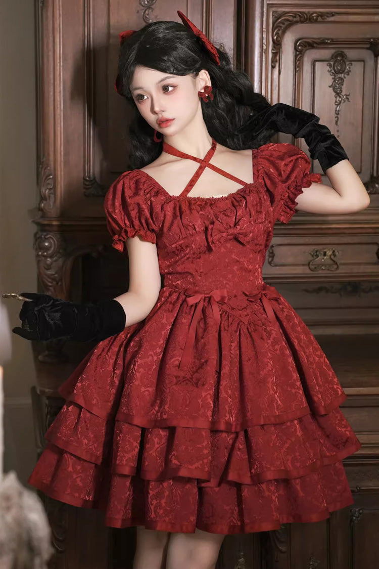 Red Thorn Rose Short Sleeves Multi-layer Ruffle Bowknot Gothic Princess Lolita Dress - Red - 1