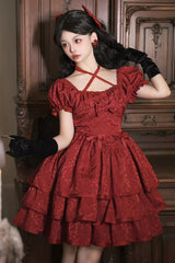 Red Thorn Rose Short Sleeves Multi-layer Ruffle Bowknot Gothic Princess Lolita Dress - Red - 1
