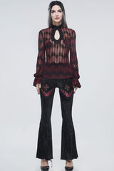 Black Gothic Striped Flocking V-Shaped Cross Lace Stitching Flared Women's Pants - Product - 5